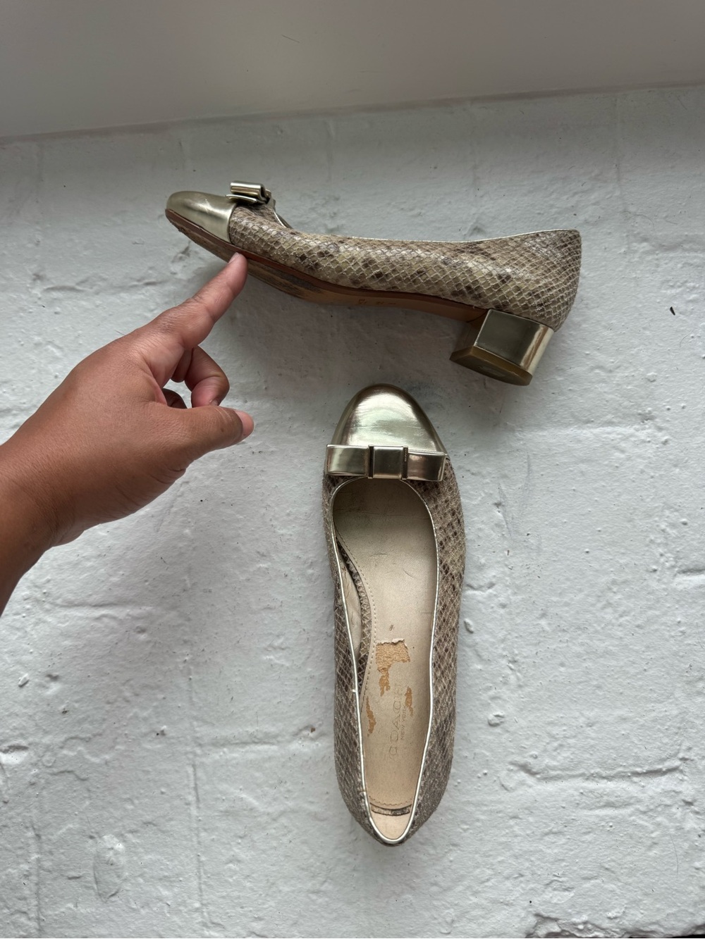 Coach ‘Rivera’ Metallic Taupe Snake-Print Low Block Heel Flats with Bow